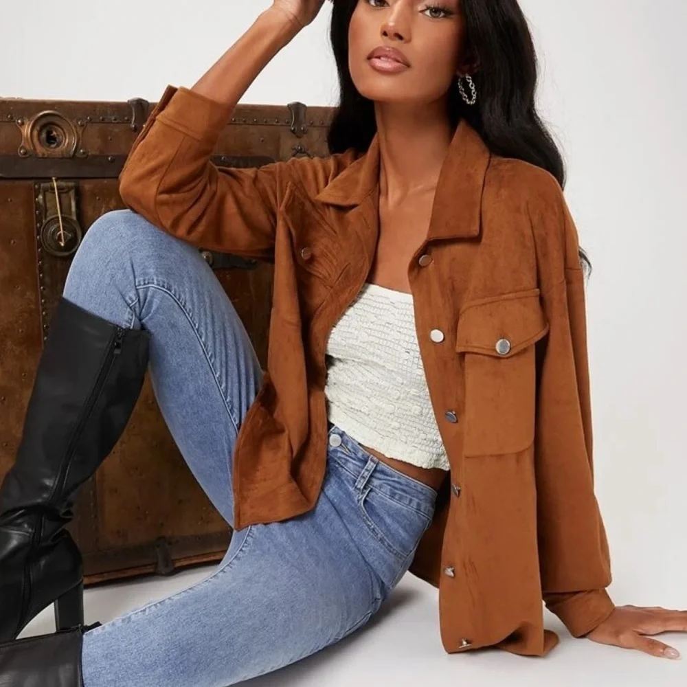 Vegan Suede Button Down Shirt Jacket - Picture 2 of 6